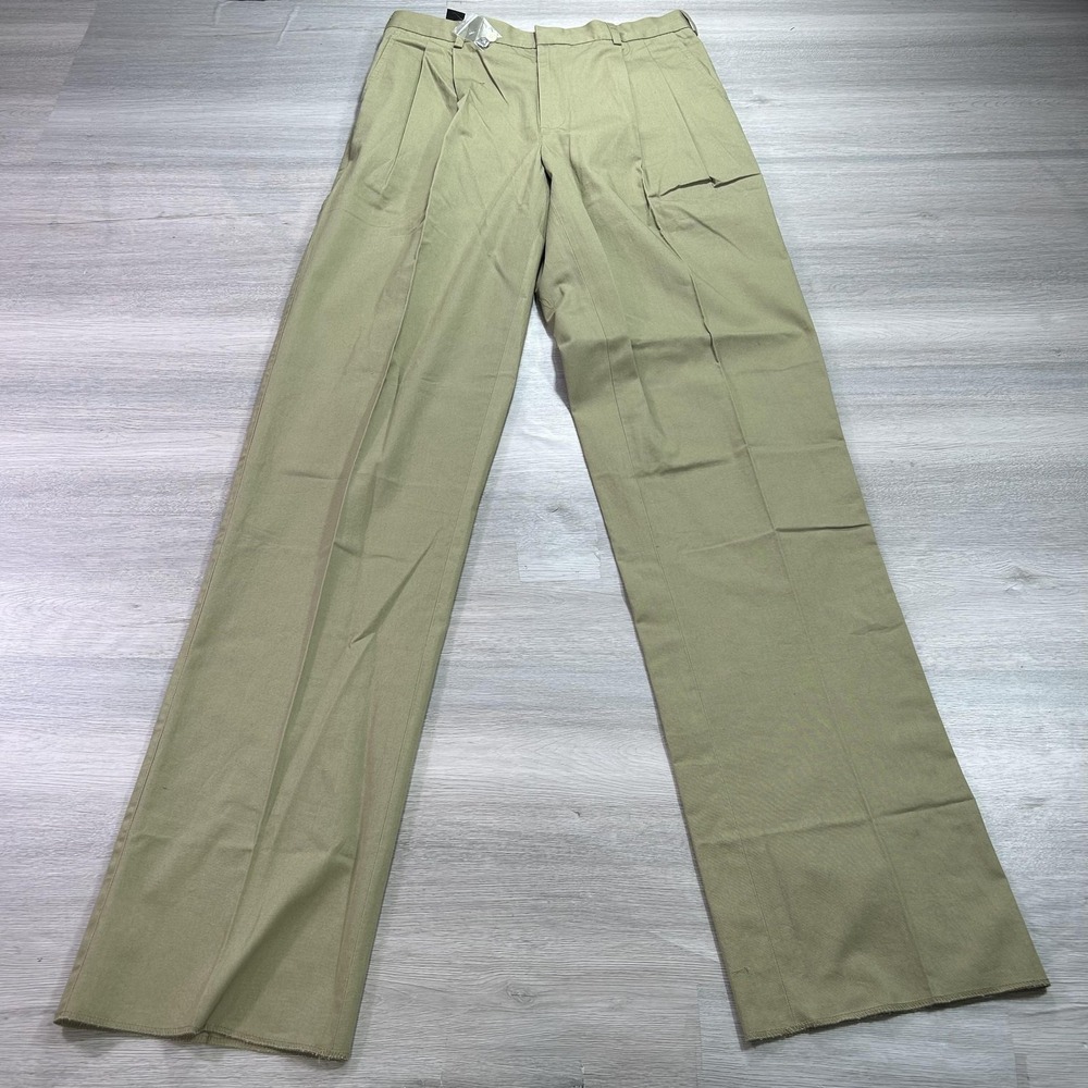 NEW J. Peterman Pants Mens 34 Khaki Pleated Cotton Chino Unhemmed Flap Back